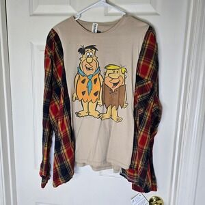 Upcycled‎ Flintstones tan t-shirt plaid flannel OS